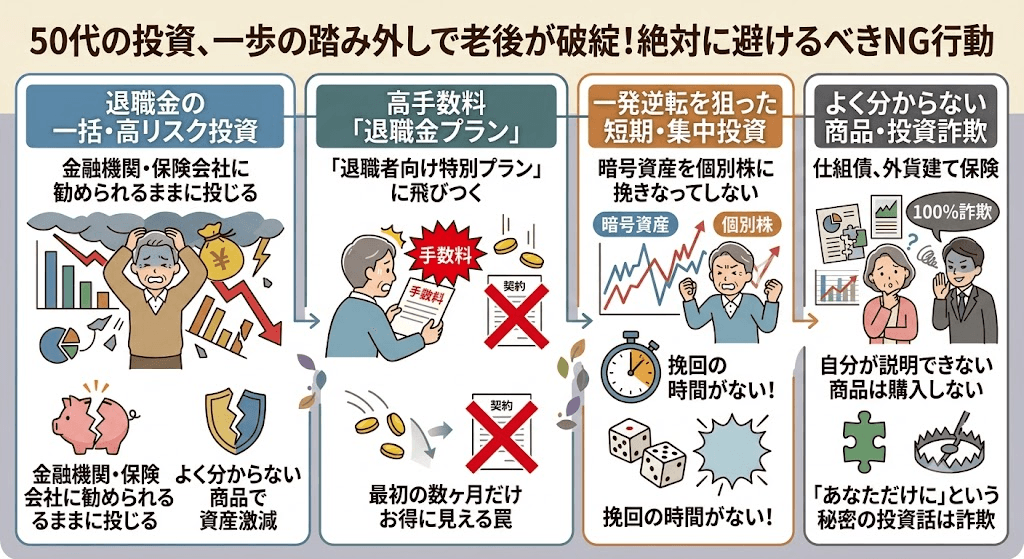 50代の投資で絶対に避けるべきNG行動。退職金の一括高リスク投資・高手数料商品・一発逆転の短期集中投資・よく分からない商品や投資詐欺を示した図解