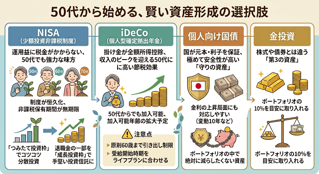 50代から始める賢い資産形成の選択肢。NISA・iDeCo・個人向け国債・金投資それぞれの特徴を示した図解