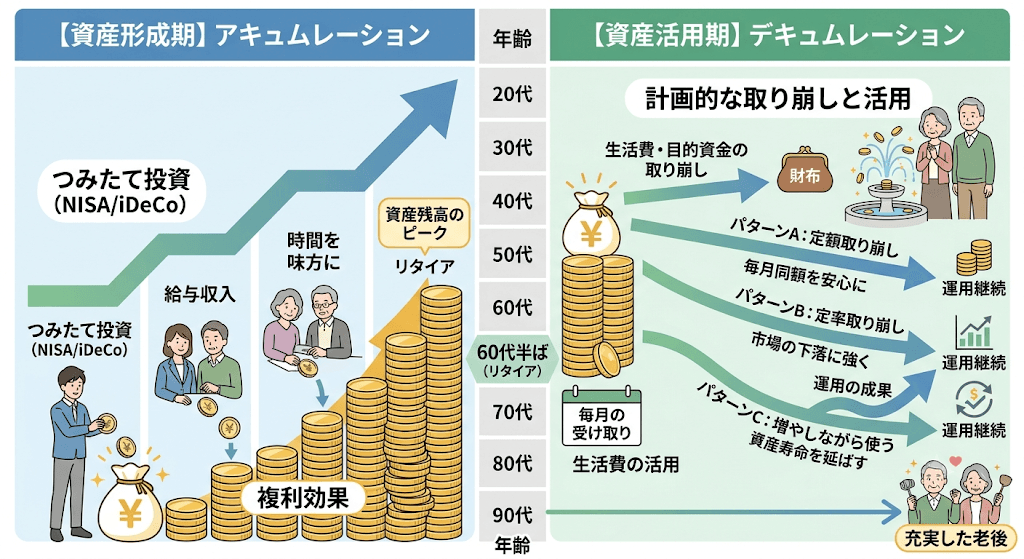 資産形成期と資産活用期の全体像。定額取り崩し・定率取り崩し・増やしながら使うといった取り崩しパターンを図解したインフォグラフィック